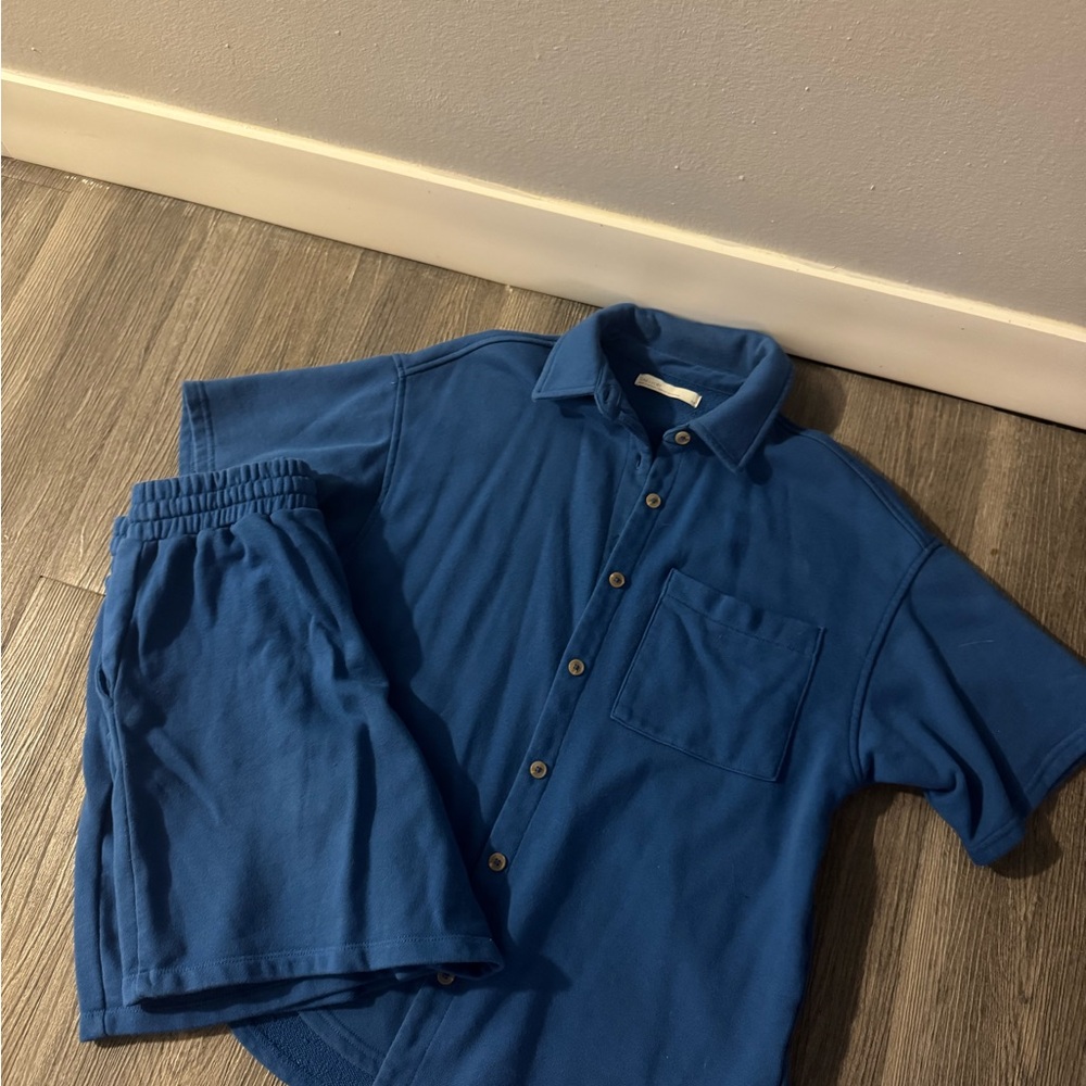 OAK + FORT Blue Button-Up Shirt and Shorts Set